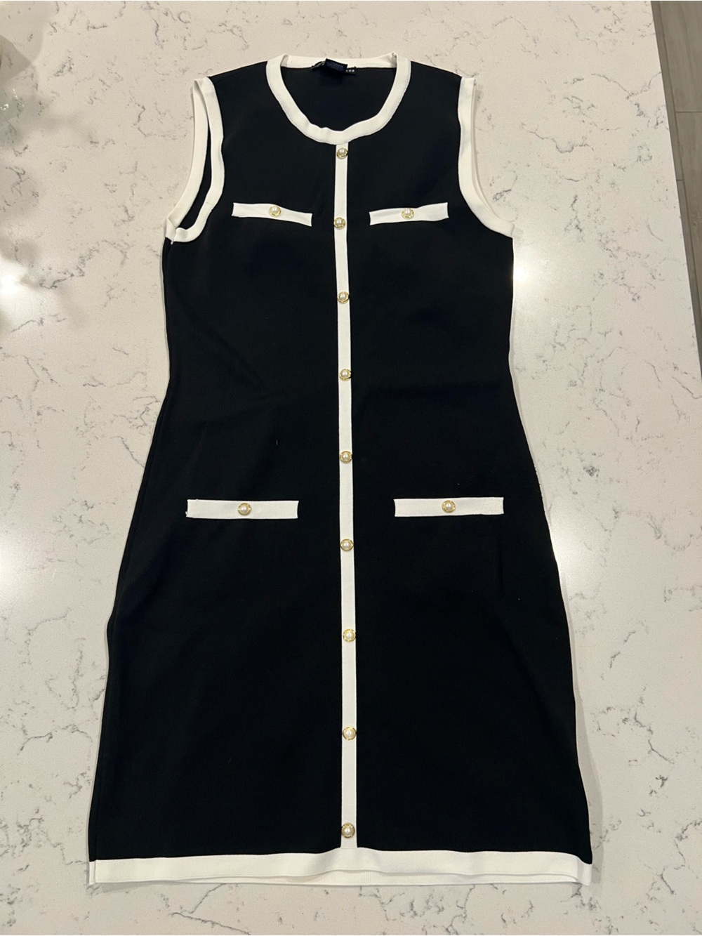 Sincerely Jules Black One-Piece with White Trim & Gold Buttons